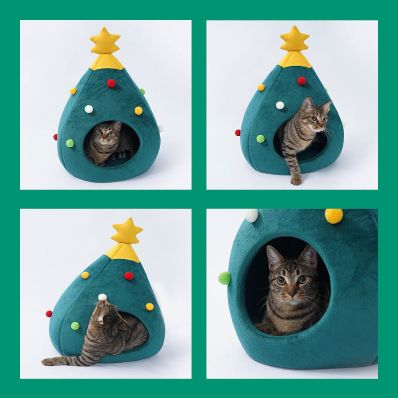 Cuccia Natalizia per Gatti – Design Albero di Natale, in Feltro Morbido