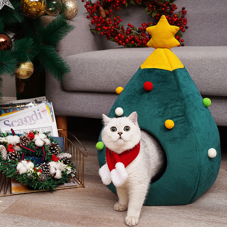 Cuccia Natalizia per Gatti – Design Albero di Natale, in Feltro Morbido
